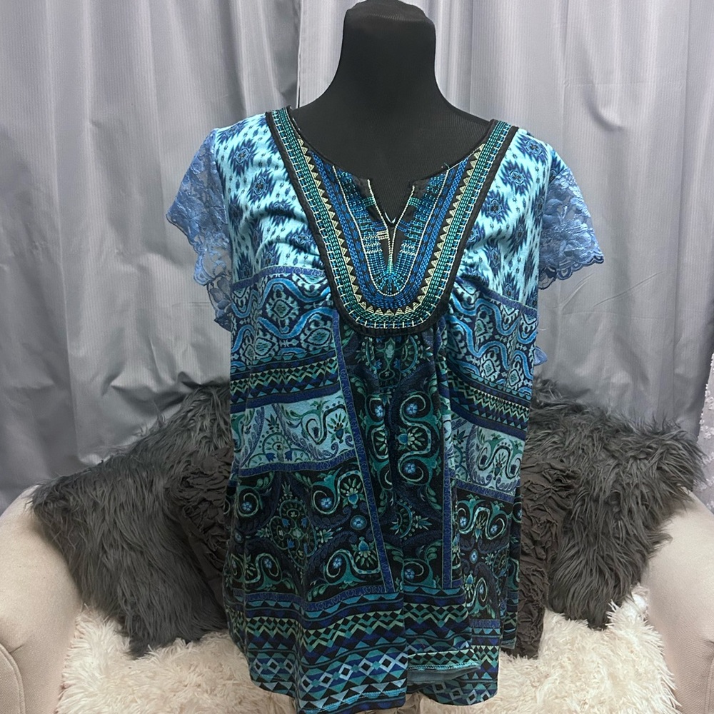 50%OFF W❤️One World shirt with embroidered blue green 3X 134